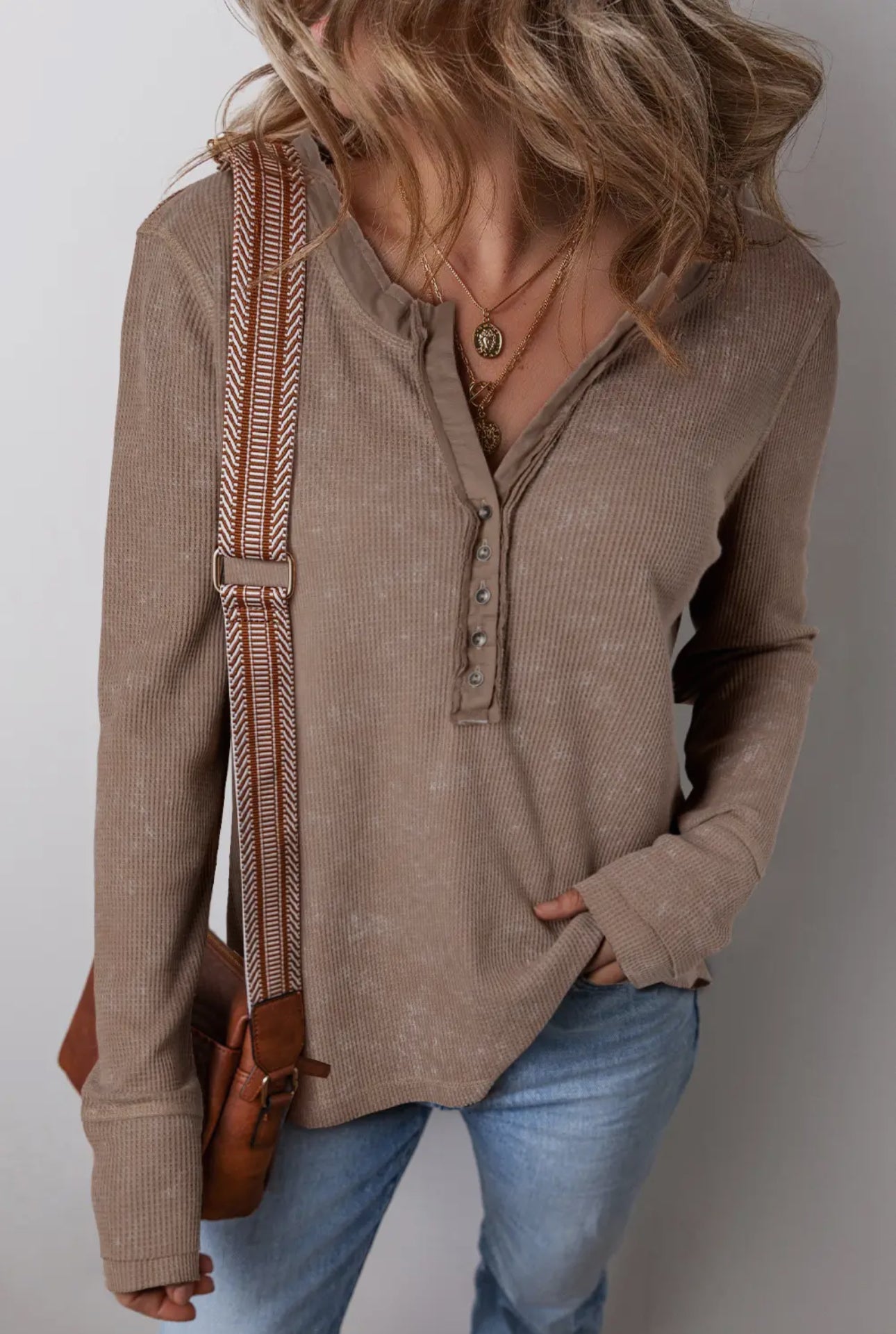 Long Sleeve Coffee Washed Waffle Knit