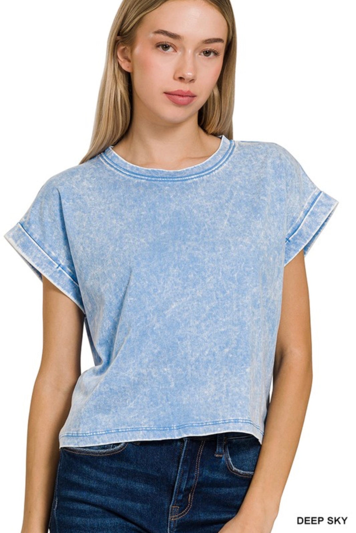 Acid Wash Cuffed Cropped Tee