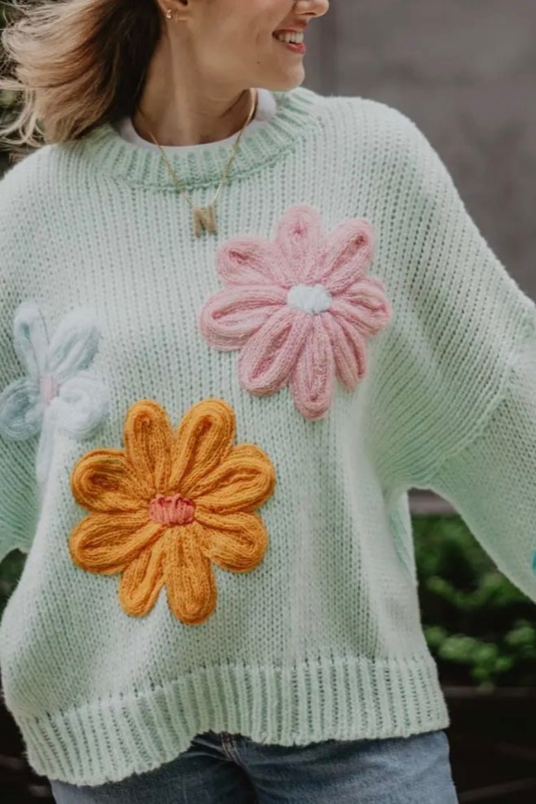 Mint Floral Stitched Sweater